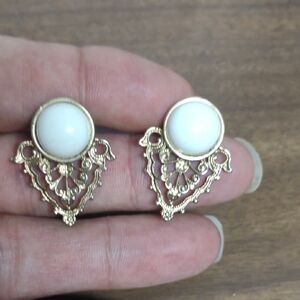 Gold  Tone and White Filigree Post Earrings